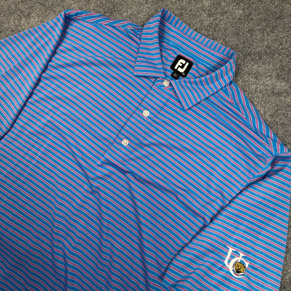 FootJoy LSU Mens XL Blue Pink Striped University Club Tiger Golf Polo Shirt 0869